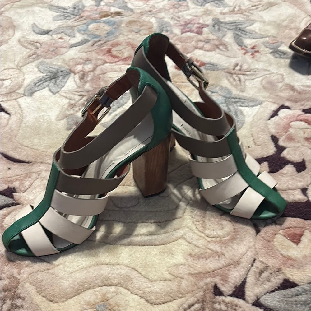 Elizabeth and James Green and Cream Heels with Geometric Straps